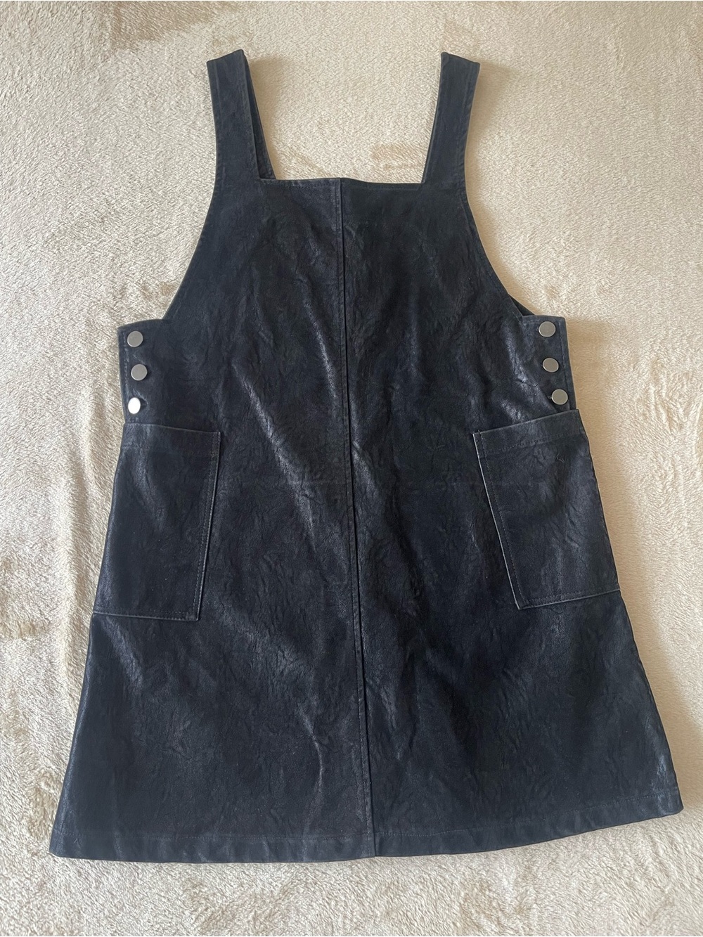 NWT Loveriche Womens L Black Faux Leather Pinafore Jumper Mini Dress Pocket